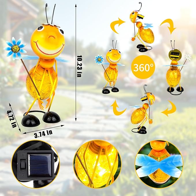Solar Garden Statue Bee Decor,Outdoor Decorative Tabletop Lanterns,Outdoor Bee Figurines Decorations for Patio Yard Lawn Ornaments,Birthday Gifts for Mom Women Grandma