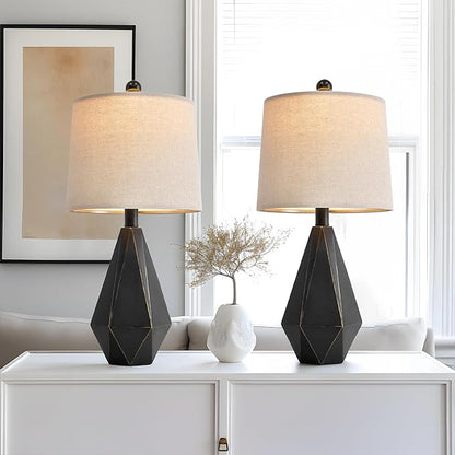 PoKat 20.25'' Table Lamps Set of 2, Bedside Lamp for nightstand, Small Farmhouse Lamps for Bedroom, Black Bedroom Lamps for Living Room, Nursery, Black, Suitable for Small Place