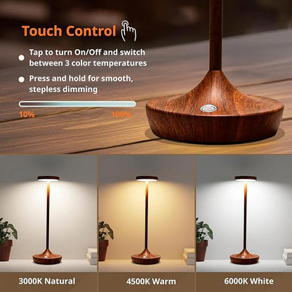 Rechargeable Cordless Table Lamp, 6000mAh Battery Powered LED Desk Lamp, Portable Metal Touch Lamp with 3-Level Dimming, Waterproof Outdoor Light for Patio, Restaurant, Dining (2 Woodgrain)
