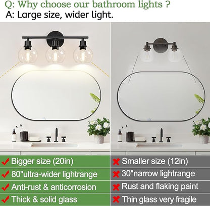 Indoi 3-Light Bathroom Light Fixtures, Black Bathroom Lights Over Mirror with Clear Glass Globe Shade, Vanity Lights for Bathroom Kitchen Living Room Hallway Cabinet Bedroom Porch.