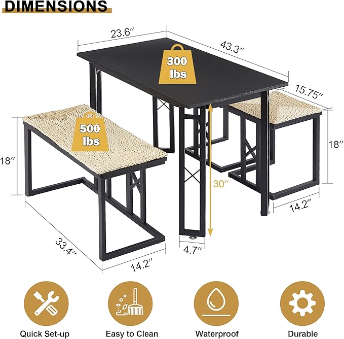 VECELO 43.3" Dining Table Sets, Farmhouse Small Kitchen Table for 4 with 2 Benches Wicker Mats,Metal Frame Space-Saving Adjustable Feets Coffee Table for Home Kitchen Dining, Pitch Black