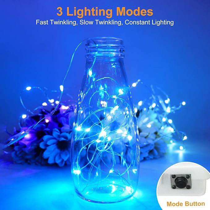 btfarm 6 Pack Fairy Lights Battery Operated [3 Modes], 7ft 20 Led Twinkle Lights String Lights Waterproof Bulk Small Mini Silver Wire for Mason Jars Vases Wedding Table Centerpiece, Blue