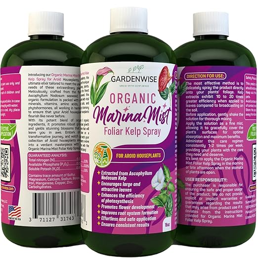 Marina Mist: Organic Aroid Plant Food & Foliar Kelp Spray - Nourish & Enhance Peace Lily, ZZ Plant, Elephant Ear, Monstera, Aglaonema, Philodendron, Pothos, Colocasias - Easy to Use (16 oz)