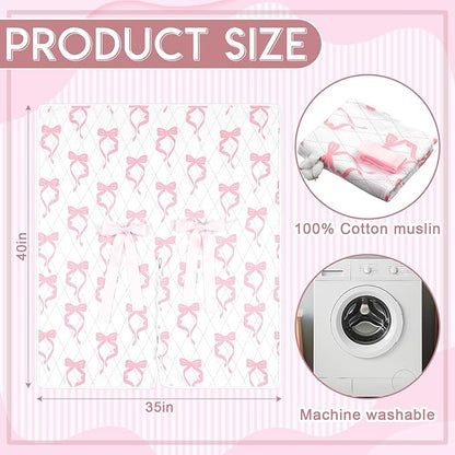 Tegeme 2-in-1 Pink Bow Muslin Baby Car Seat Cover Breathable Multi-use Nursing Infant Car Seat Cover Windproof Canopy for Breastfeeding Strollers Carriers