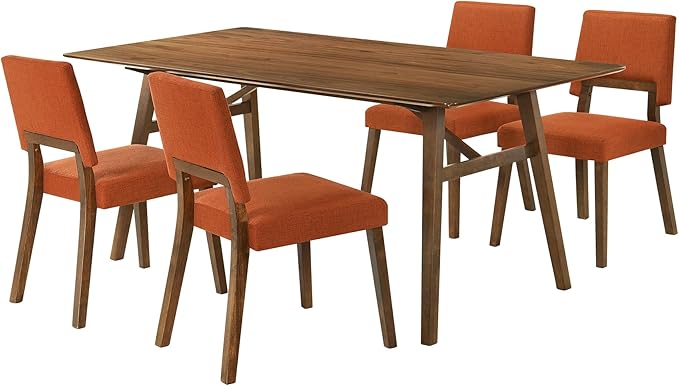 Armen Living Channell Mid Century Modern 5 Piece Walnut Wood Dining Table Set with Orange Fabric