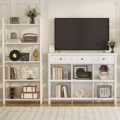 FATORRI 6 Cube Storage Bookshelf with 3 Drawers, Long Horizontal Bookcase, Modern Cubby Organizer Shelf (White Oak, 47 Inch)