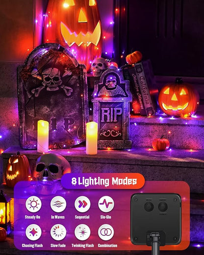 JMEXSUSS 2 Pack Solar Halloween Lights Outdoor Waterproof, Total 66FT 200 LED Orange and Purple Halloween Lights, 8 Mode Black Wire Solar Fairy String Light for Outside Yard Spooky Party Decorations