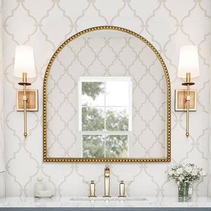 33x31 Inch Arched Bathroom Mirror, Antique Gold Wall Mirror Metal Beaded Frame, Vanity Mirror for Dresser Living Room Bedroom Mantel Entryway Hallways