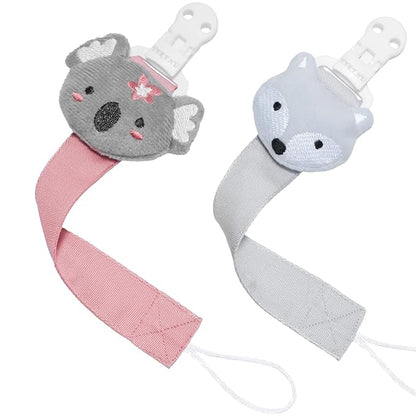 TYRY.HU Pacifier Clip for Baby Girls, 2 Pack Neutral Pacifier Holder Clip for Boys, Soft Webbing Soothie Stuffed Animal Binky Clips Fit All Pacifiers, Cute Baby Birthday Christmas Gift (Koala, Fox)