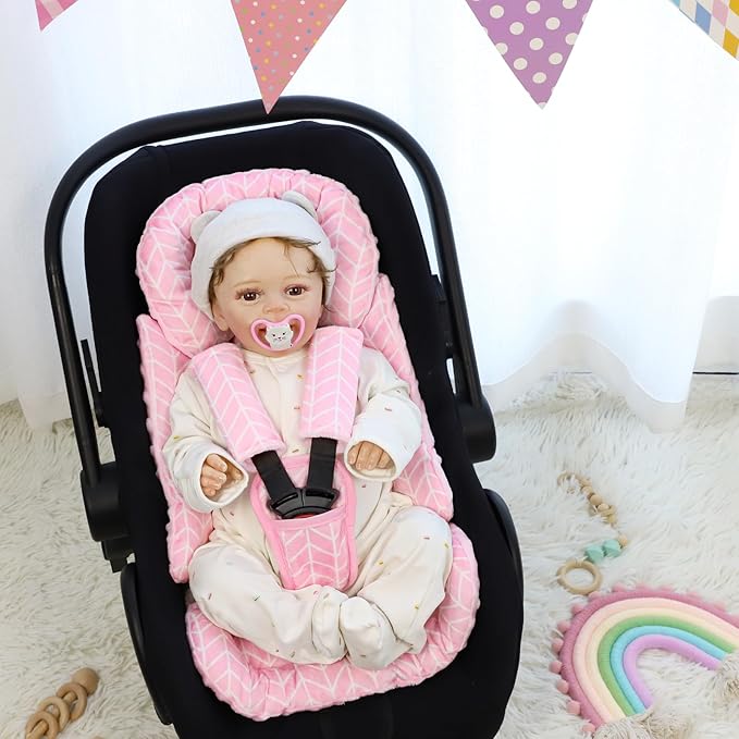 4 in 1 Infant Car Seat Insert, Baby Car Seat Head Body Support for Girls & Boys, Reversible Newborn Car Seat Insert with 3 Extra Strap Paddings, Premature Car Seat Cushion (Stripes Pink)