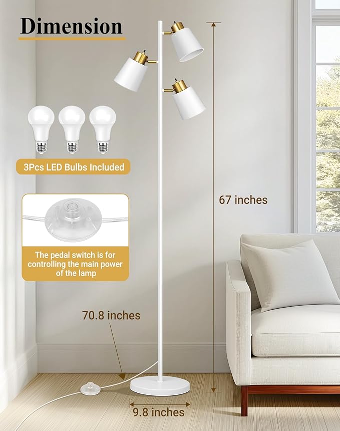 QiMH Tree Floor Lamps for Living Room, 67" Modern Standing Floor Lamp with 3 LED Bulb, Industrial Tall Lamp Reading Lighting for Bedroom Study Office Decor, 3 Rotatable Light Heads, White Gold
