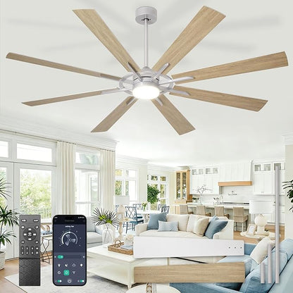Large Ceiling Fans with Lights: Modern 72 Inch 8 Blade Outdoor Ceiling Fan with Remote APP Control - Dimmable Wood Big Fan light Indoor Reversible 6 Speed Quiet DC Motor