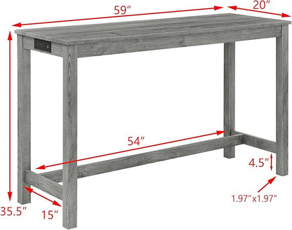 KEIKI 4-Piece Bar Table Set with Charging Station - 59" Industrial Kitchen Table & 3 Upholstered Stools, USB/Type-C/AC Outlets, Solid Wood Frame - for Dining Room, Apartment, Living Room (Grey)