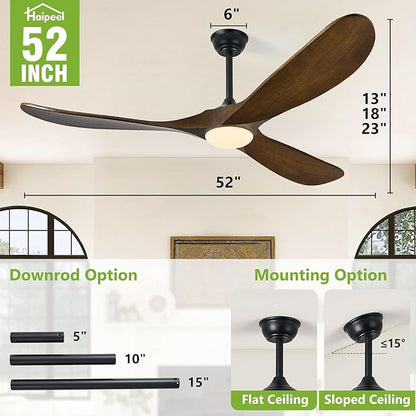 Haipeel 52 Inch Outdoor Ceiling Fans with Lights, Dimmable Solid Wood Ceiling Fan with Light and Remote Control 3 Blades Rustic Propeller Ceiling Fans for Patios Indoor Bedroom, Oil Rubbed Bronze