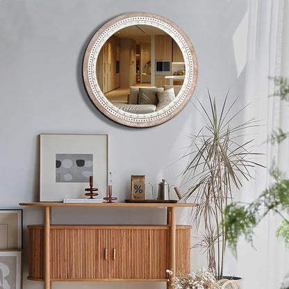 32" Farmhouse Wooden Decorative Round Mirrors for Wall Decor with Beads Frame, Rustic Large Circle Mirrors for Bathroom, Over Sink, Bedroom, Living Room, Entryway