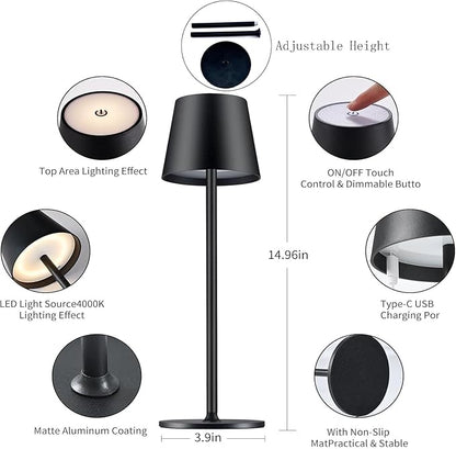 2 Packs Cordless Table Lamp, Portable LED Wireless Desk Lamp with 3 Modes Light Dimming, Adjustable Height Table Lamp, Rechargeable Waterproof Touch Lamp for Christmas Birthday Gift (2 packs-Black)