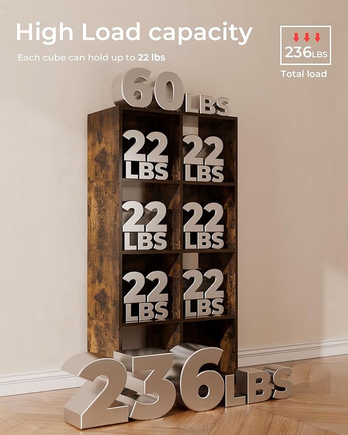 GTPLAYER 8-Cube Storage Organizer, Fits 11" Bins, Vertical or Horizontal Use, Opening Bookshelf, Partial Back Panels, Stackable Design Bookcase, for Living Room, Media Console, Hallway, Rustic Brown