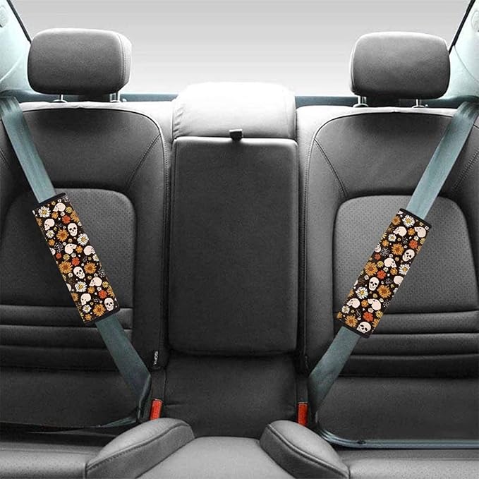 FOR U DESIGNS Car Seat Belt Cover Pad for Adults Kids Seatbelt Cover Soft Comfortable 2 Pcs Auto Seat Belt Cushion Skull & Floral Print SUV Seat Strap Cover
