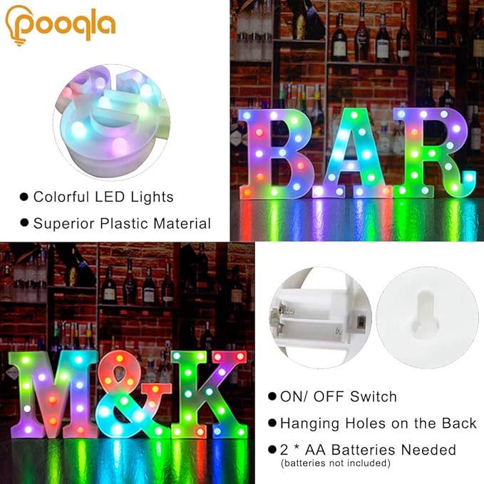 Pooqla Colorful LED Marquee Letter Lights with Remote – Light Up Marquee Signs – Party Bar Letters with Lights Decorations for The Home - Multicolor Q
