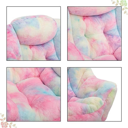 HollyHOME Faux-Fur Lazy Chair with Foldable Ottoman, Accent Comfy Lounge Arm Chair and Folding Footrest Stool Set, Leisure Sofa Reading Chair and Footstool for Living Room, Bedroom, Dorm, Colorful