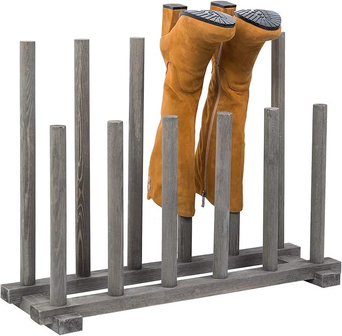 MyGift Vintage Weathered Gray Solid Wood Floor Standing Boot Holder Rack, Wooden Entryway Shoe Storage Organizer Stand Holds 6 Pairs of Tall and Short Boots