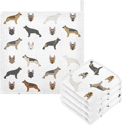 vvfelixl Baby Muslin Washcloths Cute German Shepherd Dog Baby Burp Cloths Cotton Baby Face Towel for Newborn Infants Boys Girls Soft and Absorbent 11.8 X 11.8 in, 3 Pack
