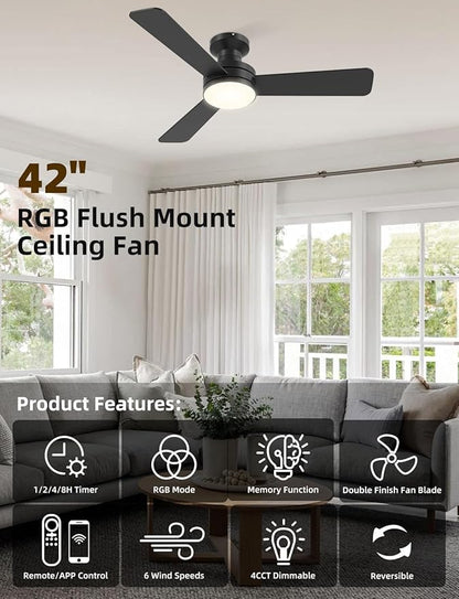 42" RGB Ceiling Fan with Light, Smart Fan with Alexa/Google/App Control, Flush Mount Ceiling Fan Light Music Sync, 6-Speed Quiet DC Motor, 4 CCT Dimmable Lighting for Living Room, Black