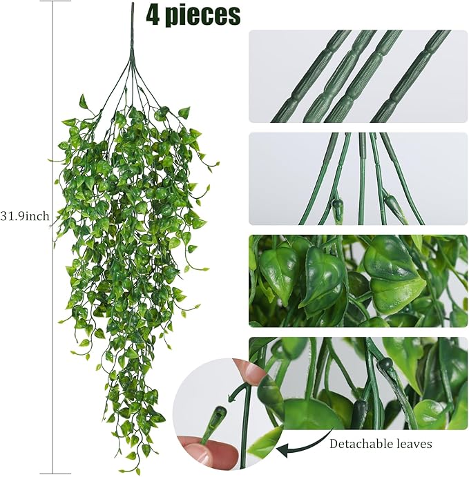 RECUTMS Artificial Hanging Plants 4pcs 33Inch Fake Wall Plant Faux Eucalyptus Leaves Ivy Swag UV Resistant Plastic Greenery Indoor Outdoor Home Garden Wedding Jungle Party Patio Office Shelf Decor