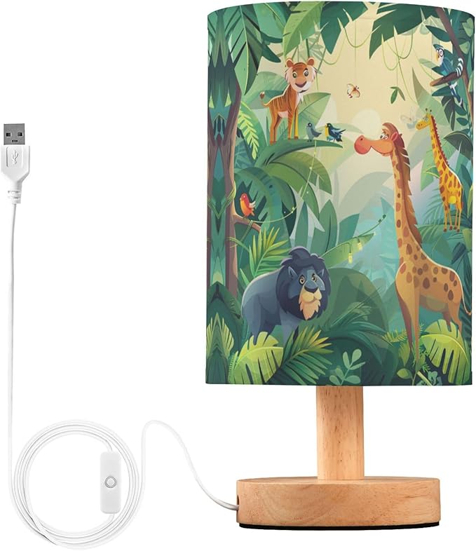 Table Lamp Forest Animal Giraffe Lion Tiger Bird Parrot Tropical Leaves Nightstand Lamp with Wood Base Fabric Lamp Shade Bedside Desk Lamp for Living Room Bedroom Kids Room Office