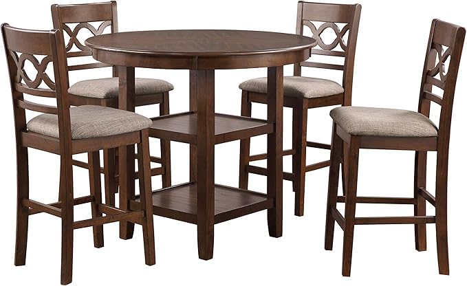 New Classic Furniture Cori 5-Piece Round Counter Set with 1 Dining Table and 4 Chairs, 42-Inch, Cherry Brown