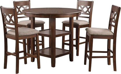 New Classic Furniture Cori 5-Piece Round Counter Set with 1 Dining Table and 4 Chairs, 42-Inch, Cherry Brown