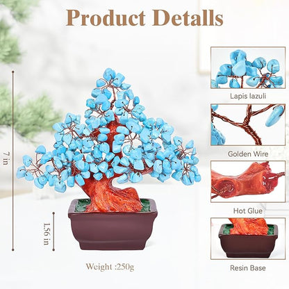 Feng Shui Quartz Crystal Money Tree Bonsai Style Decoration for Luck and Wealth (Blue)