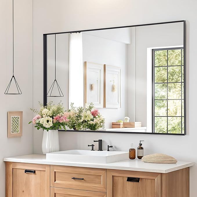 Melodieux Wall Vanity Bathroom Mirror for Over Sink, 30"x48" Rounded Rectangle Metal Deep Frame Wall Mounted Mirror Wall Decor for Living Room Hallway, Black