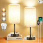 ZJOJO Table Lamp for Bedroom Set of 2, Bedside Small Lamps with 3 Way Dimmable Rocker Switch and AC Outlet, Nightstand Desk Lamp with Flaxen Fabric Shade Black Base for Living Room Home Decor Lights