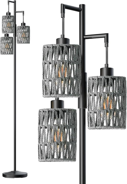 Oneach 70" Floor Lamps for Living Room, Stepless Dimmable Boho Floor Lamp with 3 Bulbs, Tall Farmhouse Industrial Corner Standing Tree Lamp for Bedroom, Office, Study Room, Black with Grey Shades
