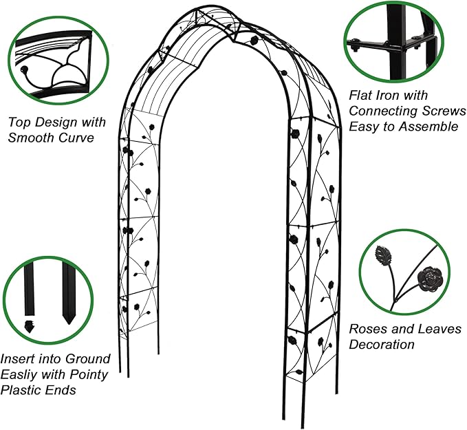 Metal Garden Arch 98.4" H Garden Arbor Trellis for Outdoor Climbing Plants Support Rose Lawn Tall Large Scale Event Arch(L, Black)
