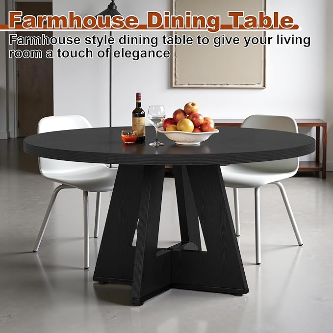 Round Dining Table for 4, 47 Inch Dinner Table Farmhouse Wooden Circle Kitchen Tables with Cross Base for Dining Room, Kitchen, Living Room, Black