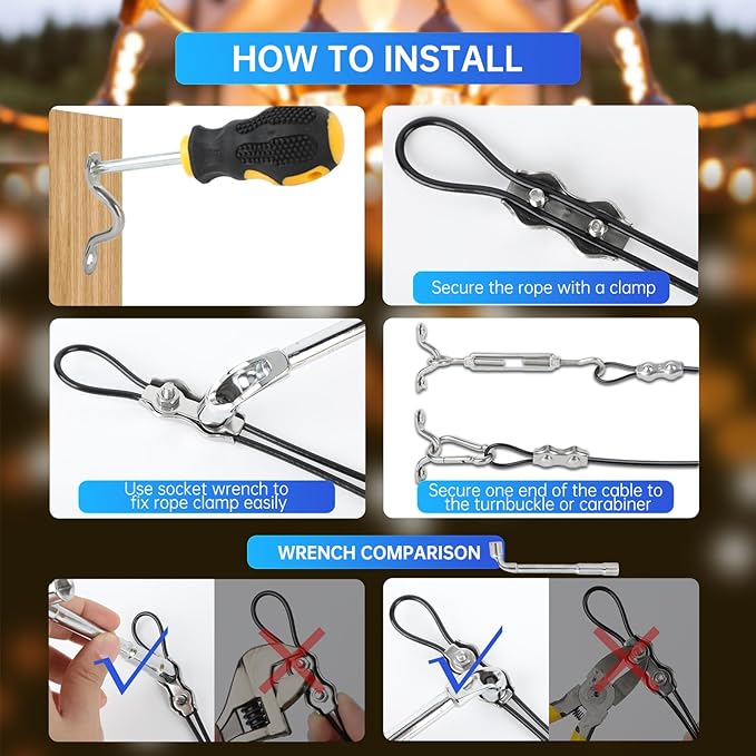164FT Black Vinyl-Coated 304 Stainless Steel Cable – Heavy Duty String Lights Hanging Kit with Turnbuckle, Thimble & Hooks for Outdoor, Patio, Garden, Christmas Lights