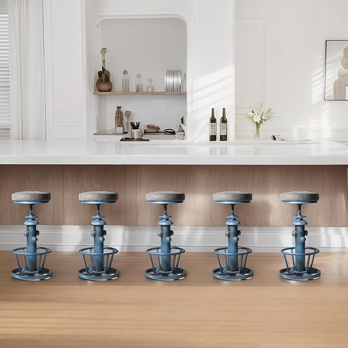 Industrial Bar Stool with Cushioned PU Seat 24.8-30.3inch Height Adjustable Vintage Counter Stools for Kitchen Island Farmhouse Fire Hydrant Design Coffee Chair