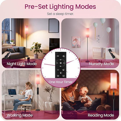 Dimmable Pink Floor Lamp for Living Room with Remote and Foot Switch, Corner Floor Lamp for Bedroom, 64.4" Standing Tall Lamp, 10W 900LM Bulb Included, 3000K-6500K, Linen Shade, FCC Listed P06LD05W1
