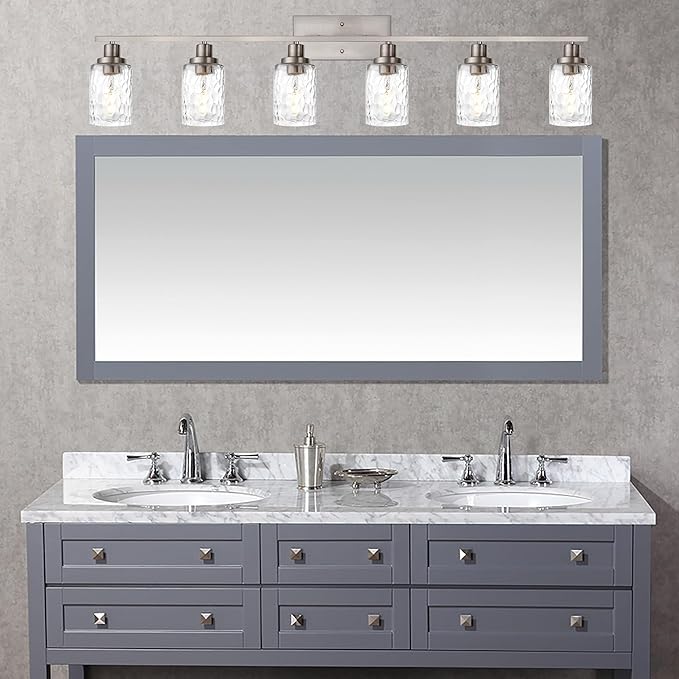 MELUCEE 6-Light Bathroom Vanity Light Brushed Nickel Finish with Clear Hammered Glass Shade, Industrial Wall Light Fixtures for Bath Mirror Bedroom Dressing Table (Patent No.: US D963914 S)