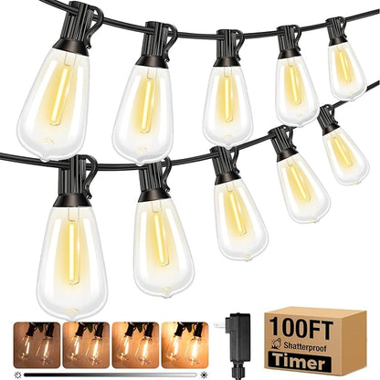 litogo 100 FT LED String Lights for Outside, Waterproof Outdoor Patio Lights with Dimmable Edison Bulbs, Warm White Hanging Light with Timer for Backyard Yard Gazebo Party Tent Garden Tree
