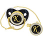 Bling Personalized Black Baby Pacifier with Pacifier Clips and Anti-dust Cover A-Z 26 Letters(Black,K)