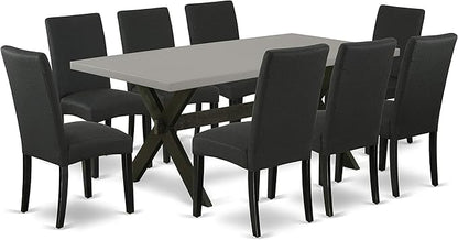 East West Furniture X697DR124-9 9 Piece Modern Dining Table Set Includes a Rectangle Wooden Table with X-Legs and 8 Black Color Linen Fabric Upholstered Chairs, 40x72 Inch, Multi-Color