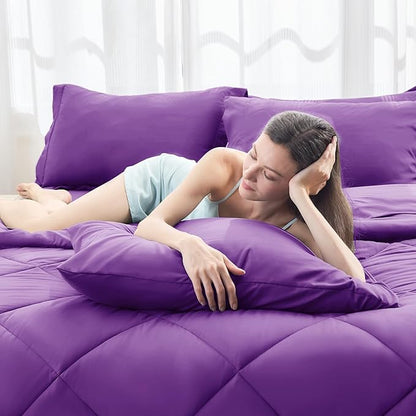 HEVUMYI Purple Cali-King Comforter Set - 7-Piece All Season Bed in a Bag Cali-King, Ultra Soft Bedding Set with Comforter, Flat Sheet, Fitted Sheet, Pillowcases, Pillow Shams