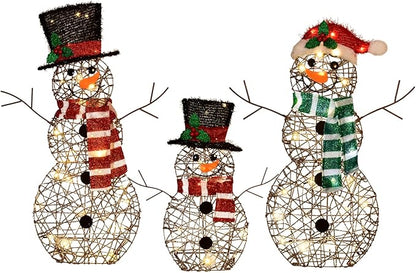 3-Piece Lighted Snowman Family Set - Large 2D Outdoor Christmas Yard Decoration with 80 Warm White LED Lights, Holiday Display for Lawn & Garden - Rattan