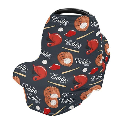 Personalized Baby Car Seat Cover for Boys, Custom Nursing Covers for Breastfeeding with Name, Baseball Blue Infant Stroller Cover, Baby Carseat Canopy for Newborn, Multiuse Car Seat Canopies