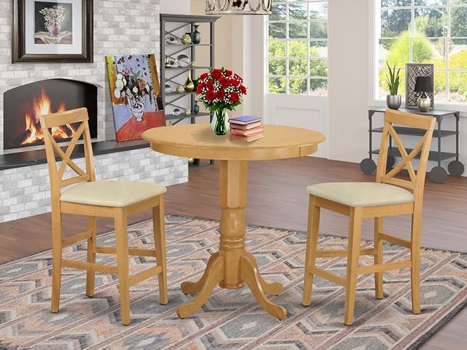 East West Furniture JAPB3-OAK-C 3 Piece Counter Height Pub Set Contains a Round Dining Room Table with Pedestal and 2 Linen Fabric Upholstered Chairs, 36x36 Inch, Oak