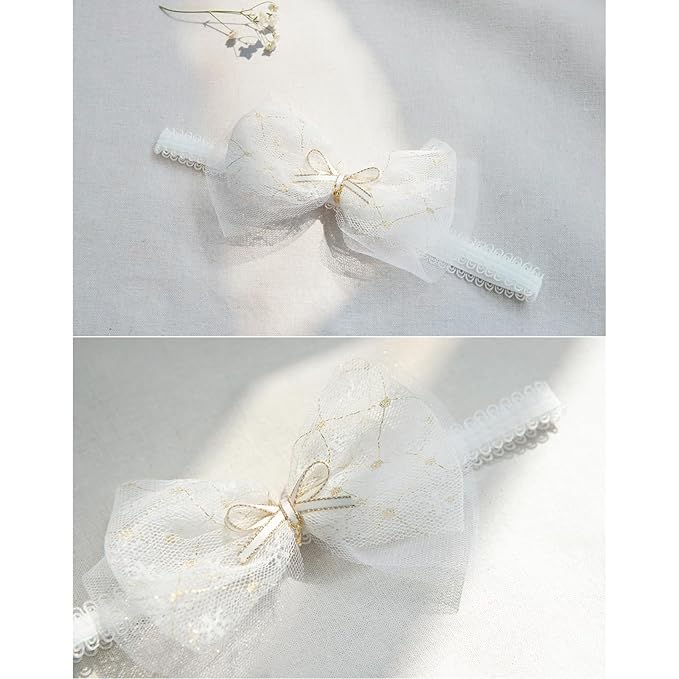Baby Girls Bow Lace Headband Cute Soft Hairband White Butterfly Knot Headbands for Newborn Infants Toddlers Kids Christening Baptism Birthday Party Hair Accessories（Beige C）