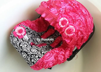 Rosy Kids Infant Carseat Canopy Cover 4pc Whole Caboodle, Baby Car Seat Cover Baby Blanket Outdoor Travelling Kit, 3D Rosette Fabric Hot Pink Damask Print